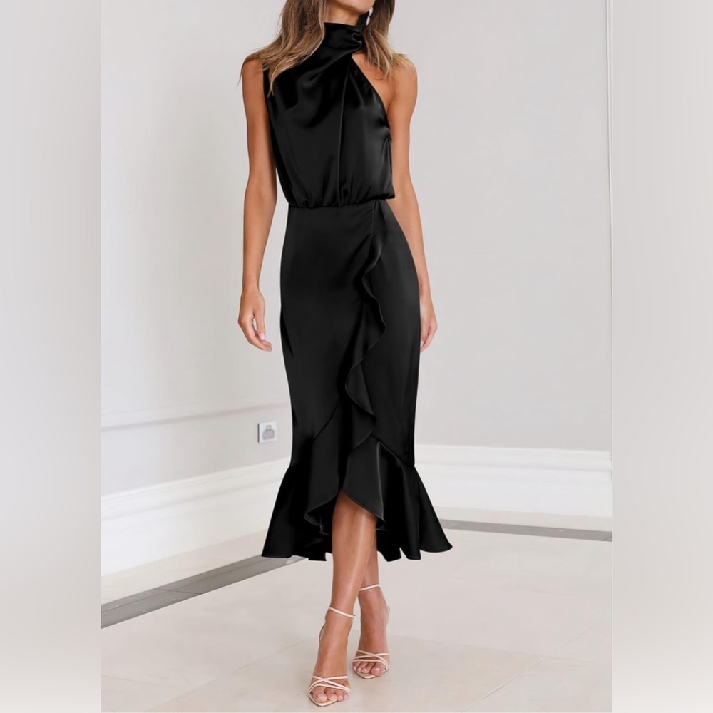 KIRUNDO Satin Mock Neck  Midi Dress Sleeveless Wrap Ruffle Mermaid Hem Medium